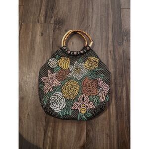 Vintage Micro‎ Bead Floral Bag with Bamboo Style Handles
